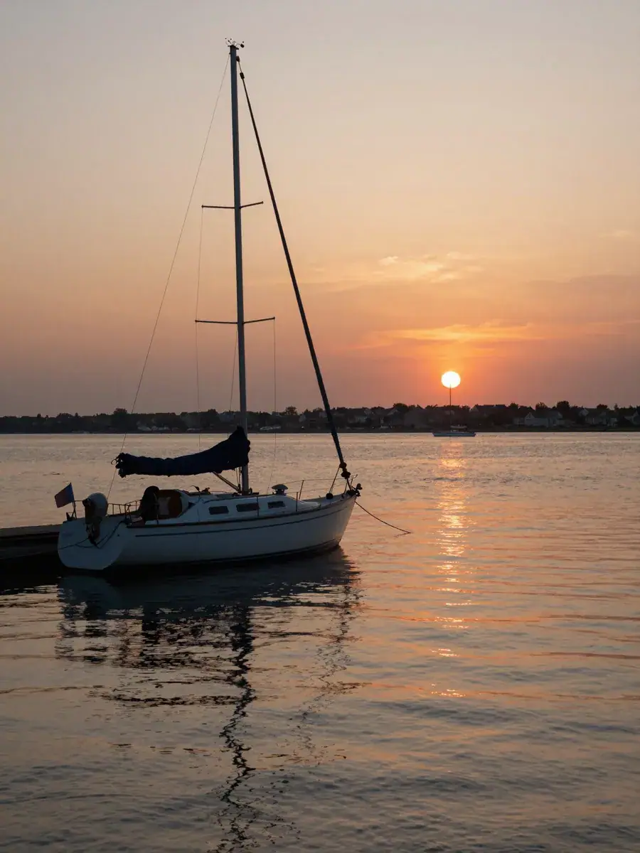 Foto: sejlbåd i dansk havn ved solnedgang