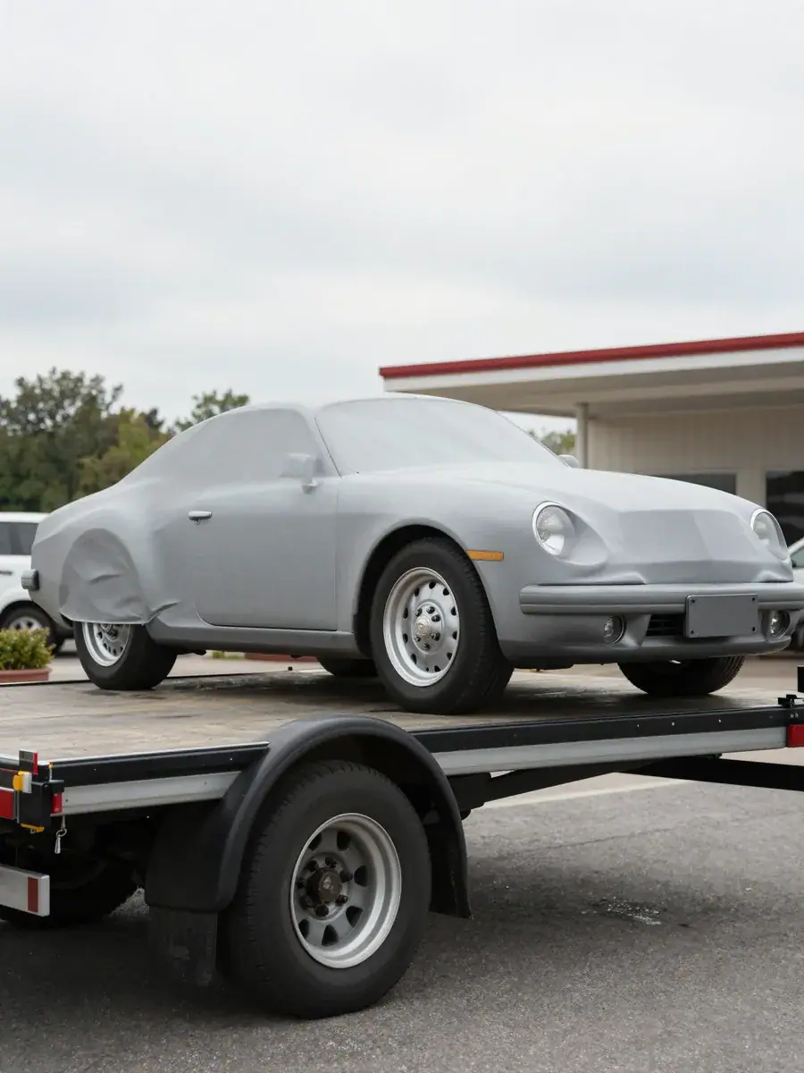 Foto: autotrailer med en klassiker bag bil